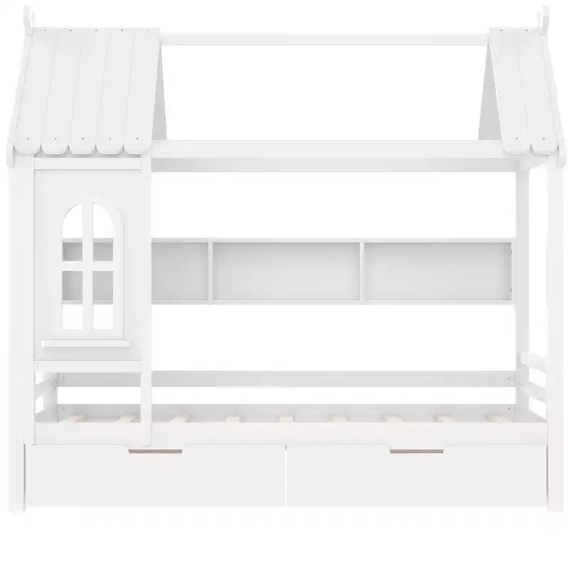Twin/Full House Bed Solid Wood Platform Bed Frame with Storage Drawers/Shelves, Childlike Window Design