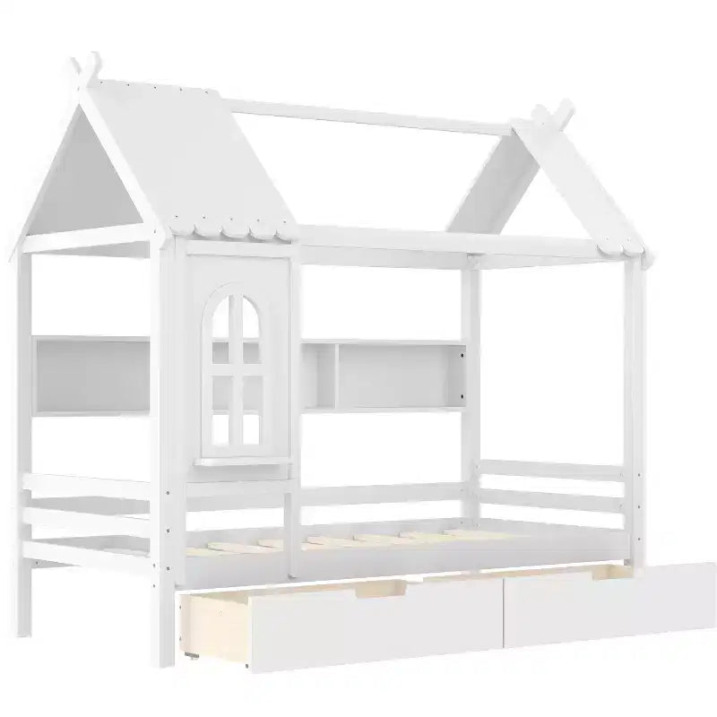 Twin/Full House Bed Solid Wood Platform Bed Frame with Storage Drawers/Shelves, Childlike Window Design