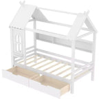 Twin/Full House Bed Solid Wood Platform Bed Frame with Storage Drawers/Shelves, Childlike Window Design