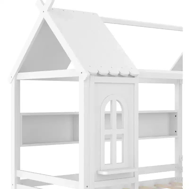Twin/Full House Bed Solid Wood Platform Bed Frame with Storage Drawers/Shelves, Childlike Window Design