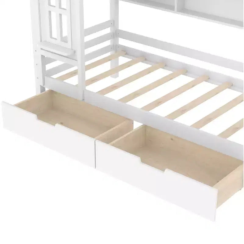 Twin/Full House Bed Solid Wood Platform Bed Frame with Storage Drawers/Shelves, Childlike Window Design