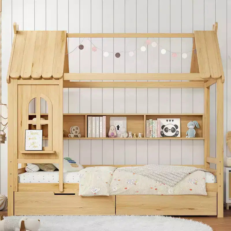 Twin/Full House Bed Solid Wood Platform Bed Frame with Storage Drawers/Shelves, Childlike Window Design
