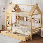 Twin/Full House Bed Solid Wood Platform Bed Frame with Storage Drawers/Shelves, Childlike Window Design