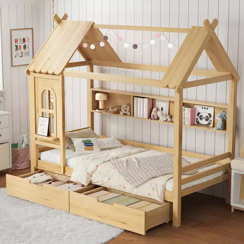 Twin/Full House Bed Solid Wood Platform Bed Frame with Storage Drawers/Shelves, Childlike Window Design