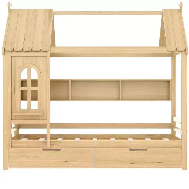 Twin/Full House Bed Solid Wood Platform Bed Frame with Storage Drawers/Shelves, Childlike Window Design