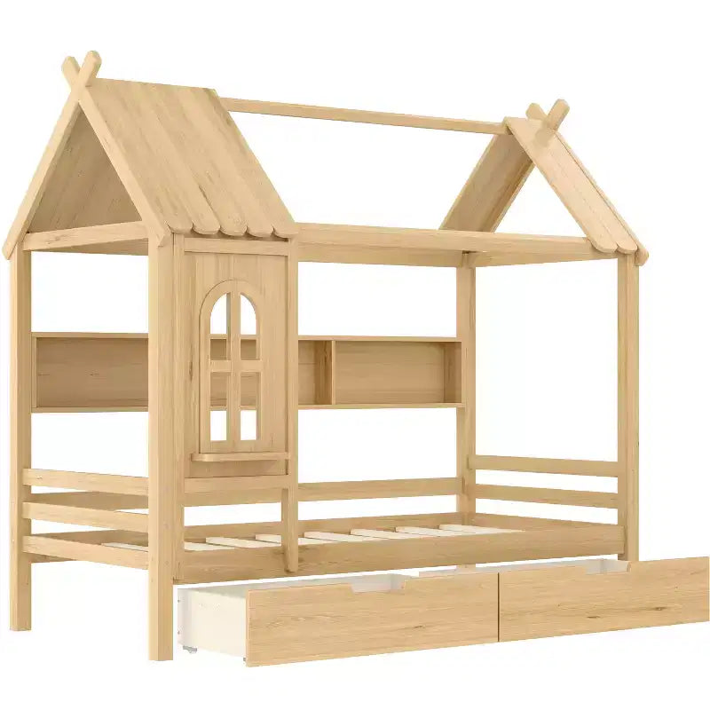 Twin/Full House Bed Solid Wood Platform Bed Frame with Storage Drawers/Shelves, Childlike Window Design