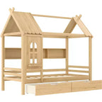 Twin/Full House Bed Solid Wood Platform Bed Frame with Storage Drawers/Shelves, Childlike Window Design