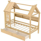 Twin/Full House Bed Solid Wood Platform Bed Frame with Storage Drawers/Shelves, Childlike Window Design