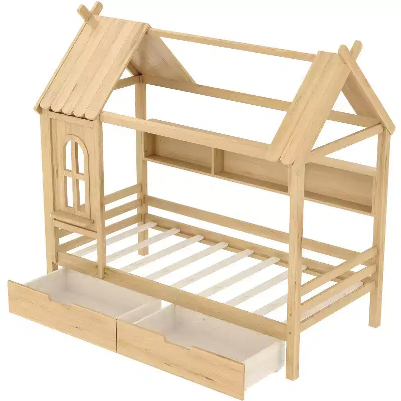 Twin/Full House Bed Solid Wood Platform Bed Frame with Storage Drawers/Shelves, Childlike Window Design