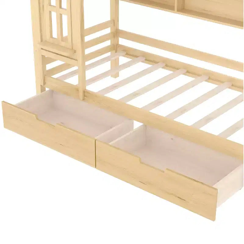 Twin/Full House Bed Solid Wood Platform Bed Frame with Storage Drawers/Shelves, Childlike Window Design