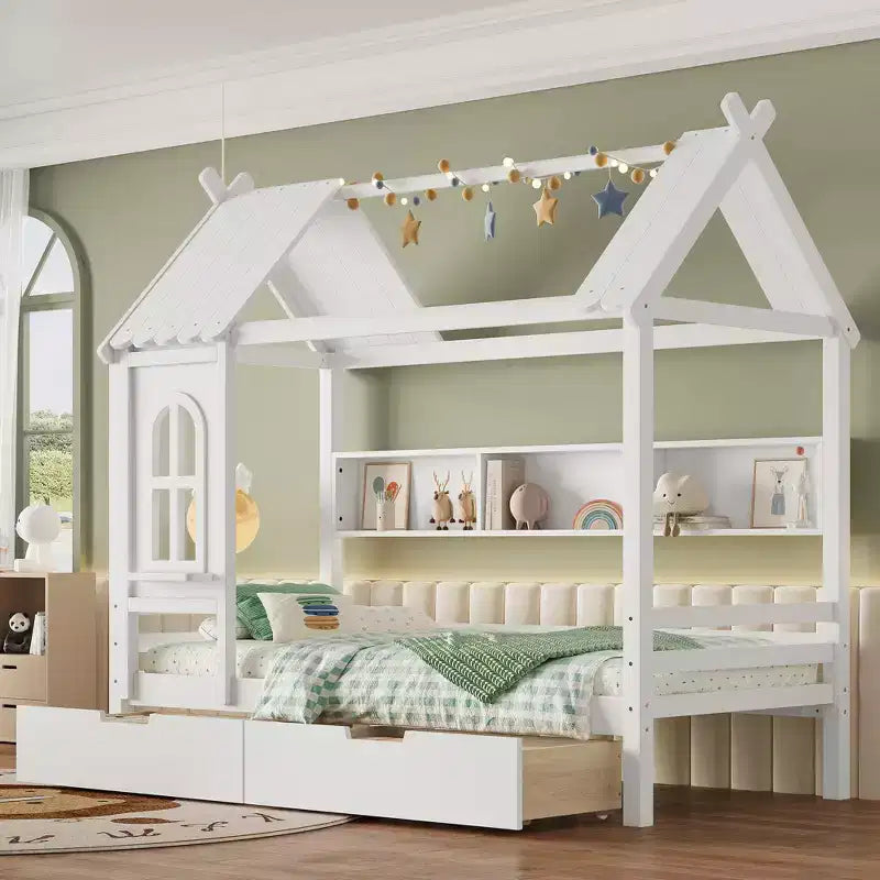 Twin/Full House Bed Solid Wood Platform Bed Frame with Storage Drawers/Shelves, Childlike Window Design