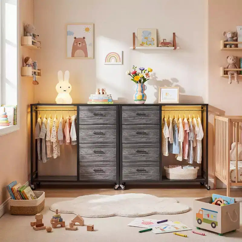 Clothes Rack, Dressers with Charging Station and Led Light, 4 Drawers Dresser for Bedroom