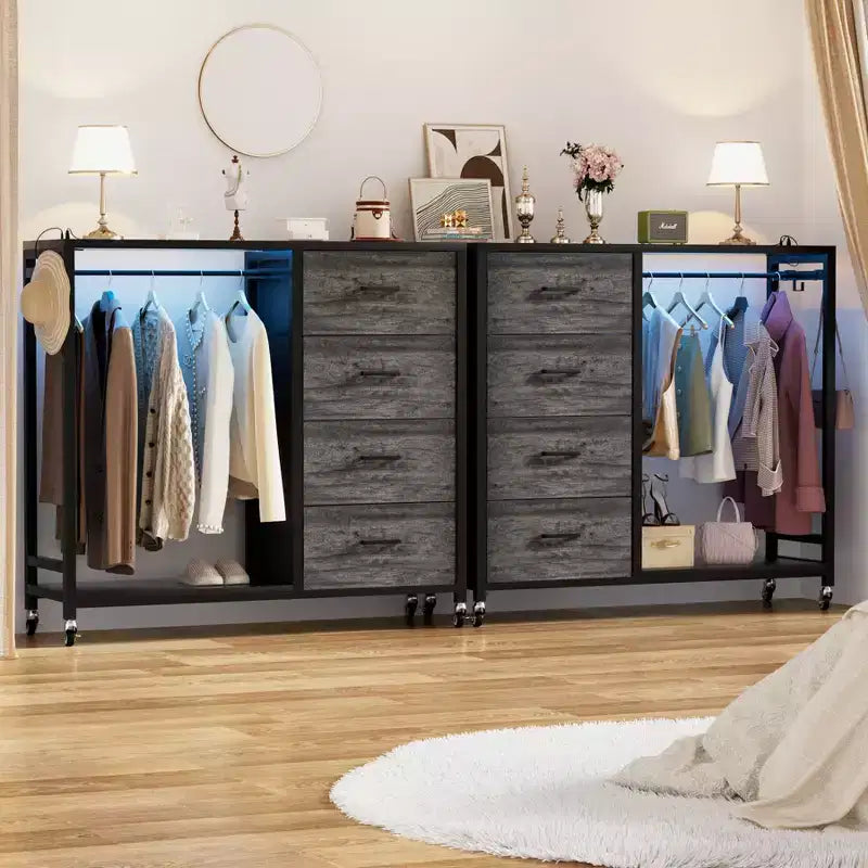Clothes Rack, Dressers with Charging Station and Led Light, 4 Drawers Dresser for Bedroom