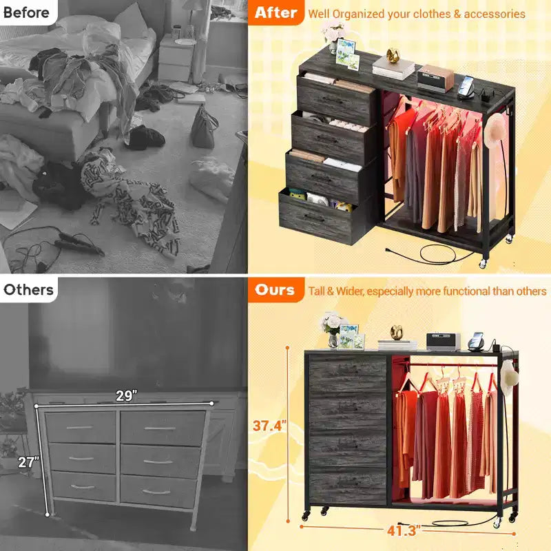 Clothes Rack, Dressers with Charging Station and Led Light, 4 Drawers Dresser for Bedroom