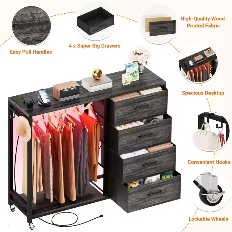 Clothes Rack, Dressers with Charging Station and Led Light, 4 Drawers Dresser for Bedroom