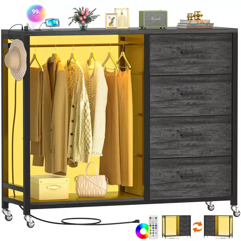 Clothes Rack, Dressers with Charging Station and Led Light, 4 Drawers Dresser for Bedroom