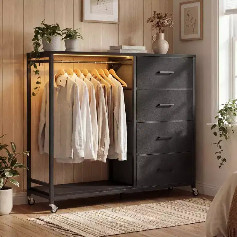 Clothes Rack, Dressers with Charging Station and Led Light, 4 Drawers Dresser for Bedroom