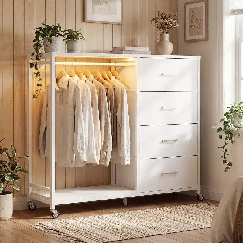 Clothes Rack, Dressers with Charging Station and Led Light, 4 Drawers Dresser for Bedroom
