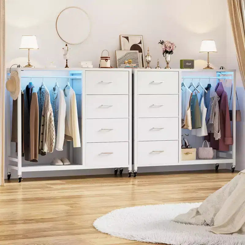 Clothes Rack, Dressers with Charging Station and Led Light, 4 Drawers Dresser for Bedroom