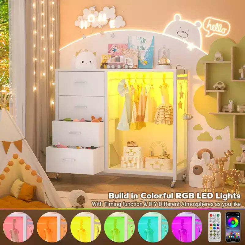 Clothes Rack, Dressers with Charging Station and Led Light, 4 Drawers Dresser for Bedroom