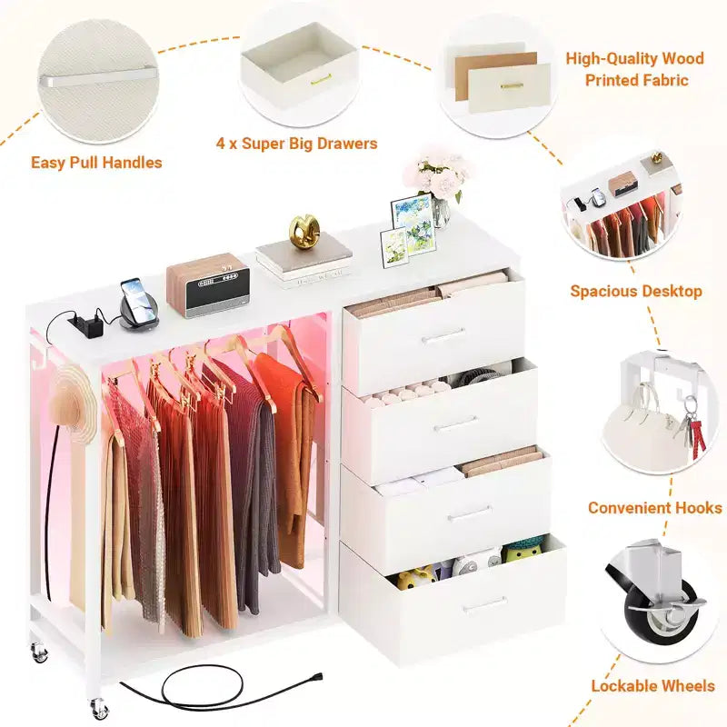 Clothes Rack, Dressers with Charging Station and Led Light, 4 Drawers Dresser for Bedroom