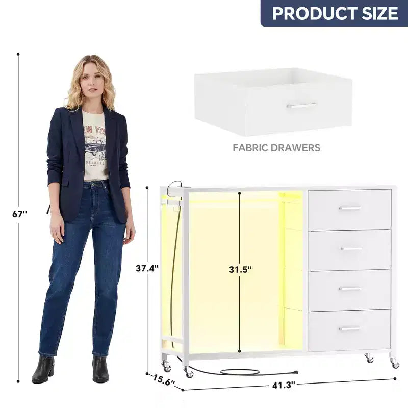 Clothes Rack, Dressers with Charging Station and Led Light, 4 Drawers Dresser for Bedroom