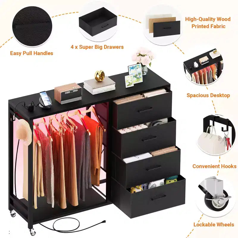 Clothes Rack, Dressers with Charging Station and Led Light, 4 Drawers Dresser for Bedroom