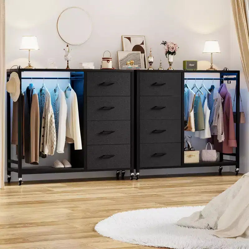 Clothes Rack, Dressers with Charging Station and Led Light, 4 Drawers Dresser for Bedroom