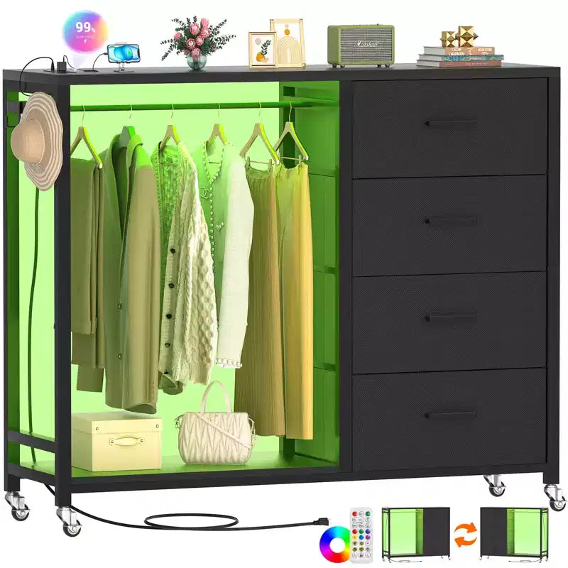 Clothes Rack, Dressers with Charging Station and Led Light, 4 Drawers Dresser for Bedroom