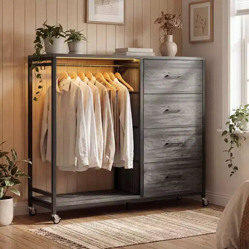 Clothes Rack, Dressers with Charging Station and Led Light, 4 Drawers Dresser for Bedroom
