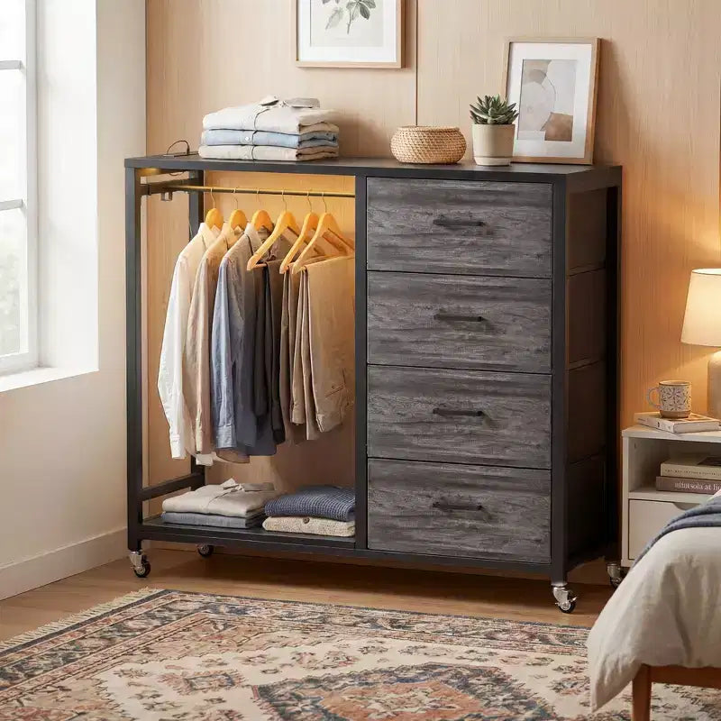 Clothes Rack, Dressers with Charging Station and Led Light, 4 Drawers Dresser for Bedroom