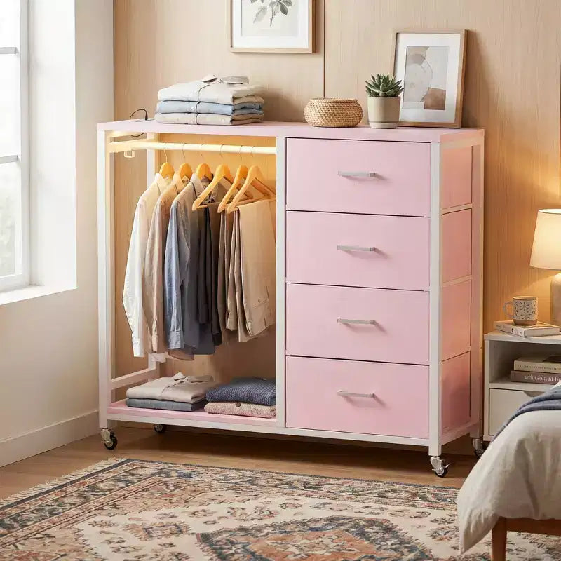 Clothes Rack, Dressers with Charging Station and Led Light, 4 Drawers Dresser for Bedroom