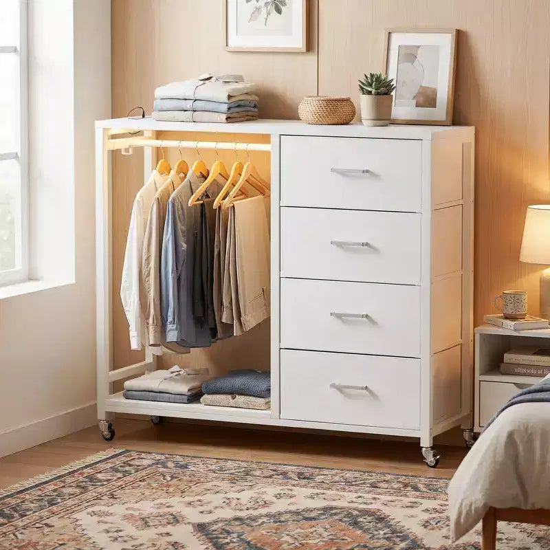 Clothes Rack, Dressers with Charging Station and Led Light, 4 Drawers Dresser for Bedroom