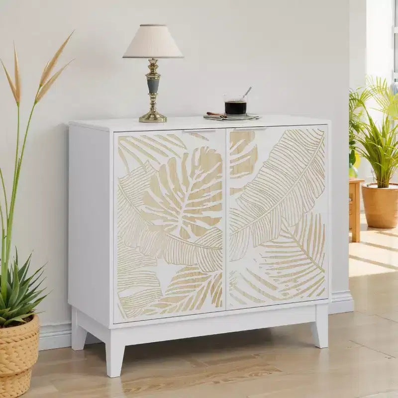 31.5W Carved Door Accent Buffet Cabinet, Decorative Storage Cabinet with Adjustable Shelves