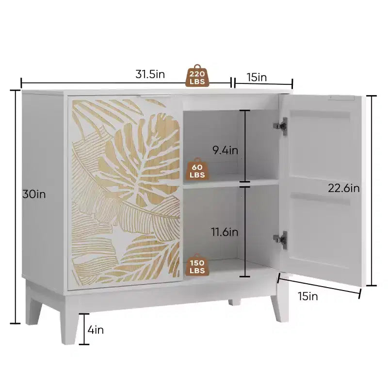 31.5W Carved Door Accent Buffet Cabinet, Decorative Storage Cabinet with Adjustable Shelves
