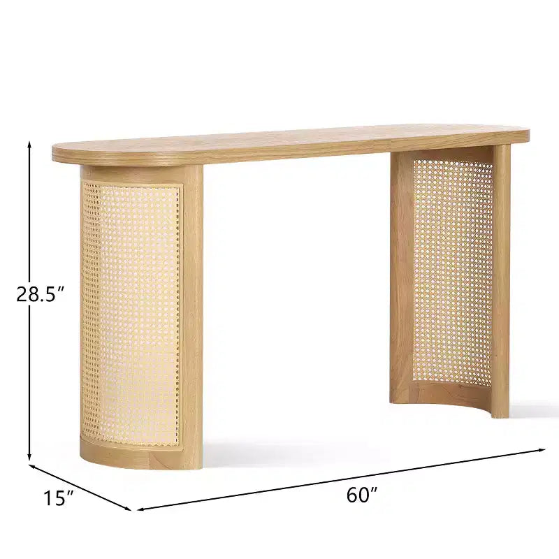 60 Oval Console Table with Cane Pedestal Legs, Narrow Sofa Table Modern Entryway Table for Hallway, Living Room & Foyer