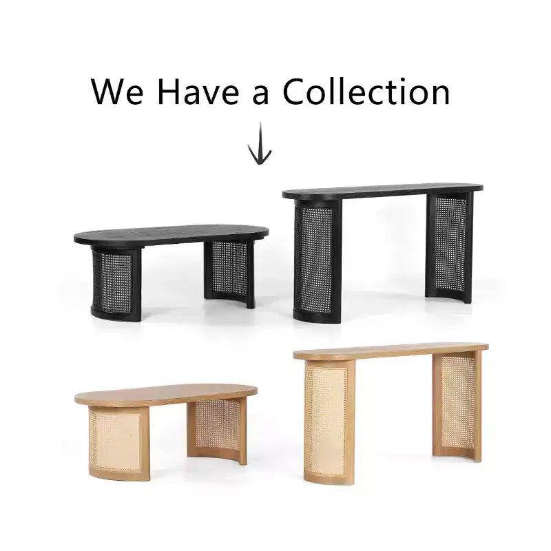 60 Oval Console Table with Cane Pedestal Legs, Narrow Sofa Table Modern Entryway Table for Hallway, Living Room & Foyer