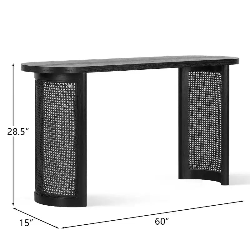 60 Oval Console Table with Cane Pedestal Legs, Narrow Sofa Table Modern Entryway Table for Hallway, Living Room & Foyer