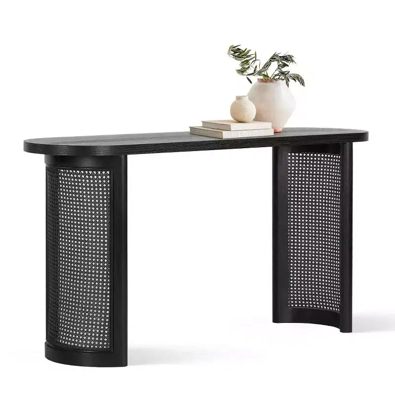 60 Oval Console Table with Cane Pedestal Legs, Narrow Sofa Table Modern Entryway Table for Hallway, Living Room & Foyer
