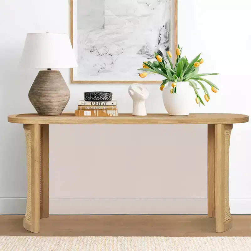 60 Oval Console Table with Cane Pedestal Legs, Narrow Sofa Table Modern Entryway Table for Hallway, Living Room & Foyer