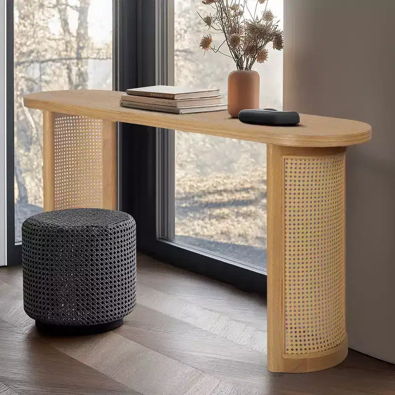 60 Oval Console Table with Cane Pedestal Legs, Narrow Sofa Table Modern Entryway Table for Hallway, Living Room & Foyer