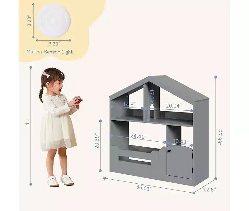 Kids Bookshelf, Toy Storage Organizer, Wooden Toddler Bookcase w/Motion Sensor Light for Kids, Dollhouse Bookshelf for Playroom Bedroom