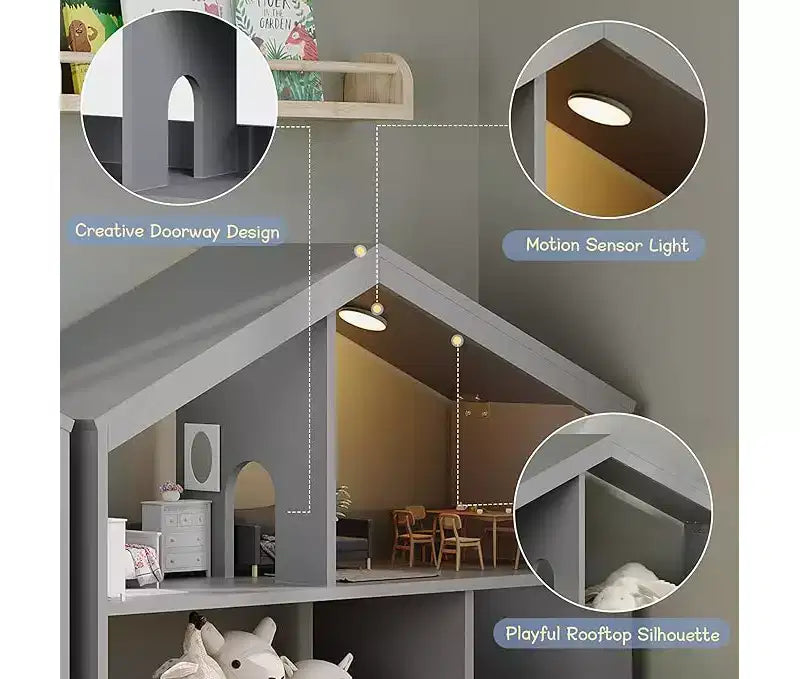 Kids Bookshelf, Toy Storage Organizer, Wooden Toddler Bookcase w/Motion Sensor Light for Kids, Dollhouse Bookshelf for Playroom Bedroom