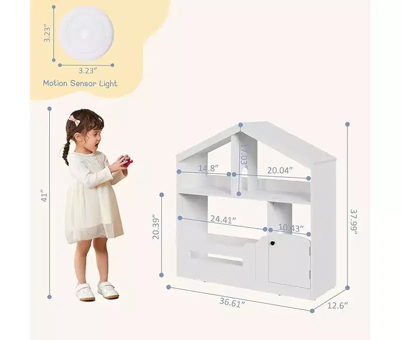 Kids Bookshelf, Toy Storage Organizer, Wooden Toddler Bookcase w/Motion Sensor Light for Kids, Dollhouse Bookshelf for Playroom Bedroom