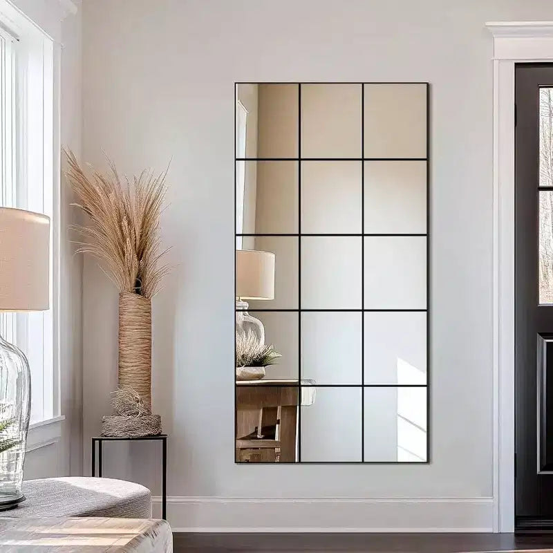 28 inchx 55 inch black metal framed wall mirror for bedroom living room entryway decorative window pane style wall mounted