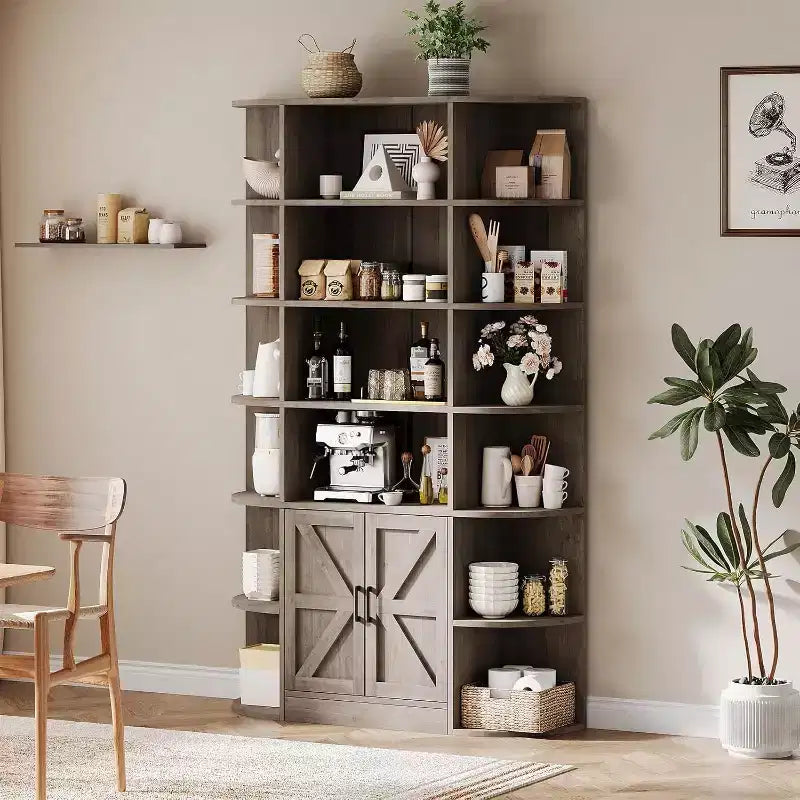 75 Tall 6-Tier Wooden Bookshelf with Storage Cabinet & Doors, Grey Wide Organizer and Display Shelf for Bedroom, Living Room, Home Office