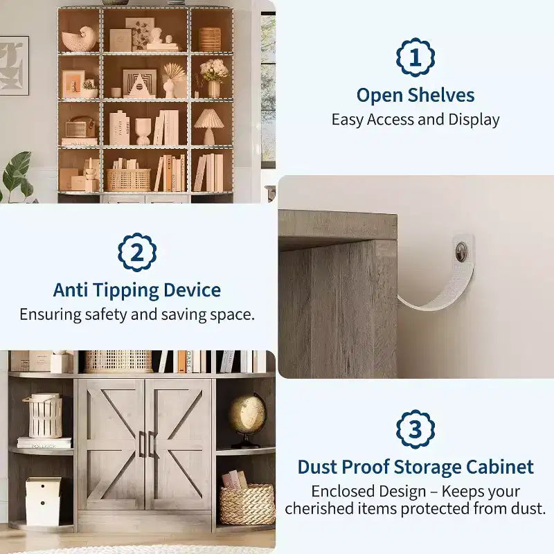 75 Tall 6-Tier Wooden Bookshelf with Storage Cabinet & Doors, Grey Wide Organizer and Display Shelf for Bedroom, Living Room, Home Office