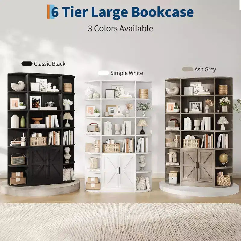 75 Tall 6-Tier Wooden Bookshelf with Storage Cabinet & Doors, Grey Wide Organizer and Display Shelf for Bedroom, Living Room, Home Office