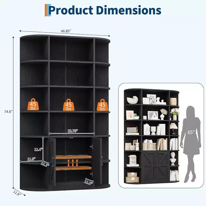 75 Tall 6-Tier Wooden Bookshelf with Storage Cabinet & Doors, Grey Wide Organizer and Display Shelf for Bedroom, Living Room, Home Office