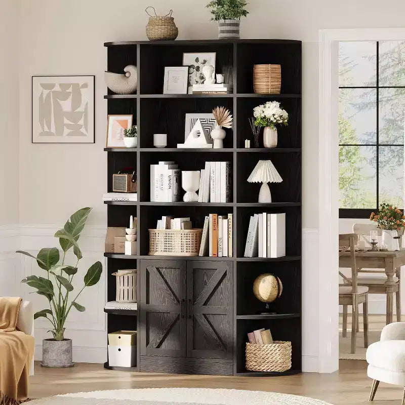 75 Tall 6-Tier Wooden Bookshelf with Storage Cabinet & Doors, Grey Wide Organizer and Display Shelf for Bedroom, Living Room, Home Office